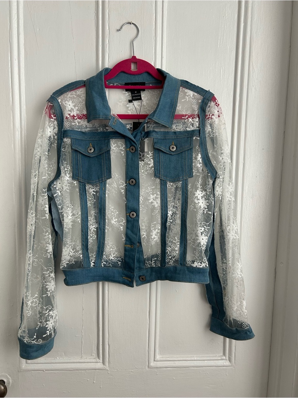 Bloomingdale's Blue Denim Jacket with White Lace Panels